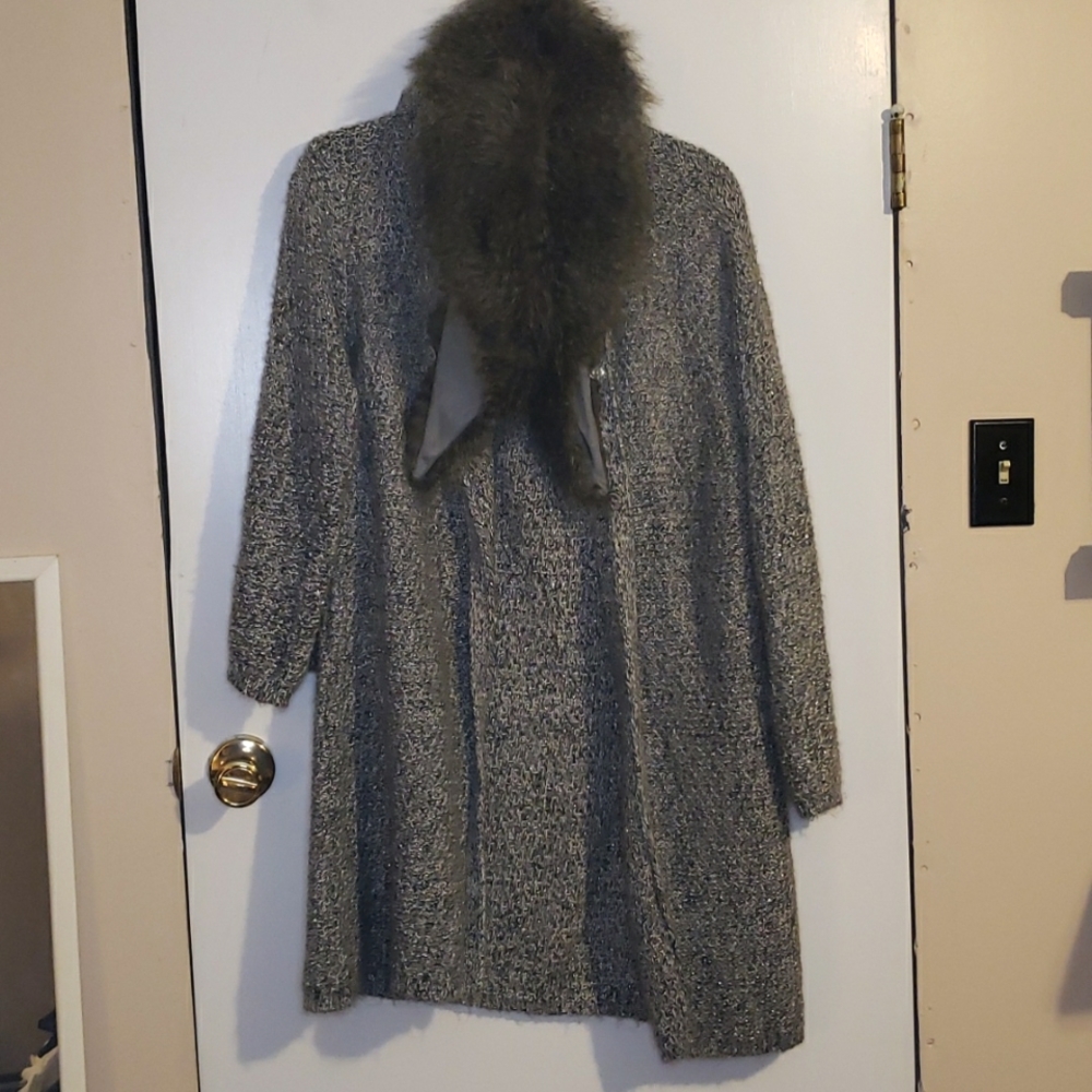 🩶Chunky Gray Black Knit Cardigan w/ Faux Fur Collar 🍂 Size L